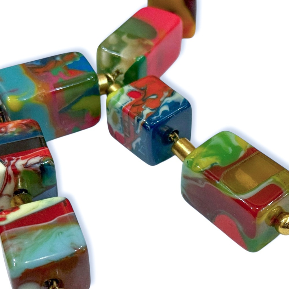 Unique Resin Necklace Beaded with Colorful Square Cube Chunks - Picture 12 of 16